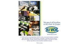 Voice-over studios in Soho, London UK. A1VOX - for ISDN links, recording, production and more. Voice-over studios in Soho, London UK. A1VOX - for ISDN links, recording, production and more.